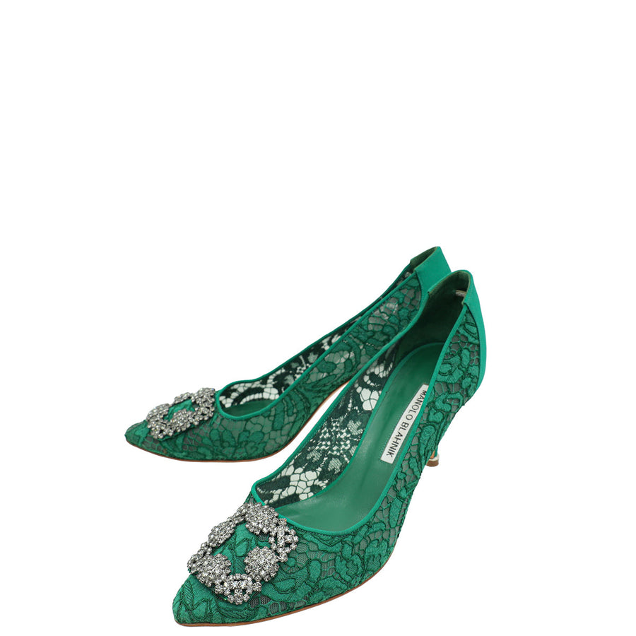 Manolo Blahnik Green Hangisi Lace Embellished Pump 39.5