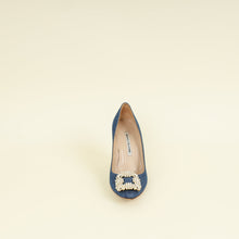 Manolo Blahnik Blue Denim Pearl Embellished Hangisi Pumps 37.5