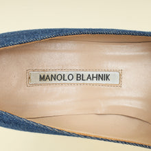 Manolo Blahnik Blue Denim Pearl Embellished Hangisi Pumps 37.5
