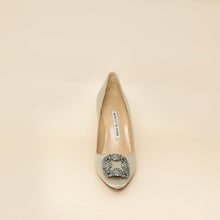Manolo Blahnik Light Grey Hangisi Satin Embellished Pump 38
