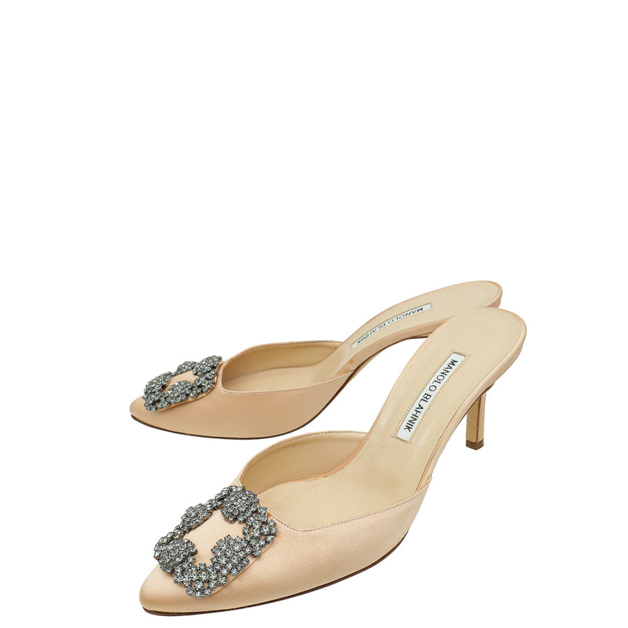 Manolo Blahnik Peach Satin Hangisi Mules 38.5