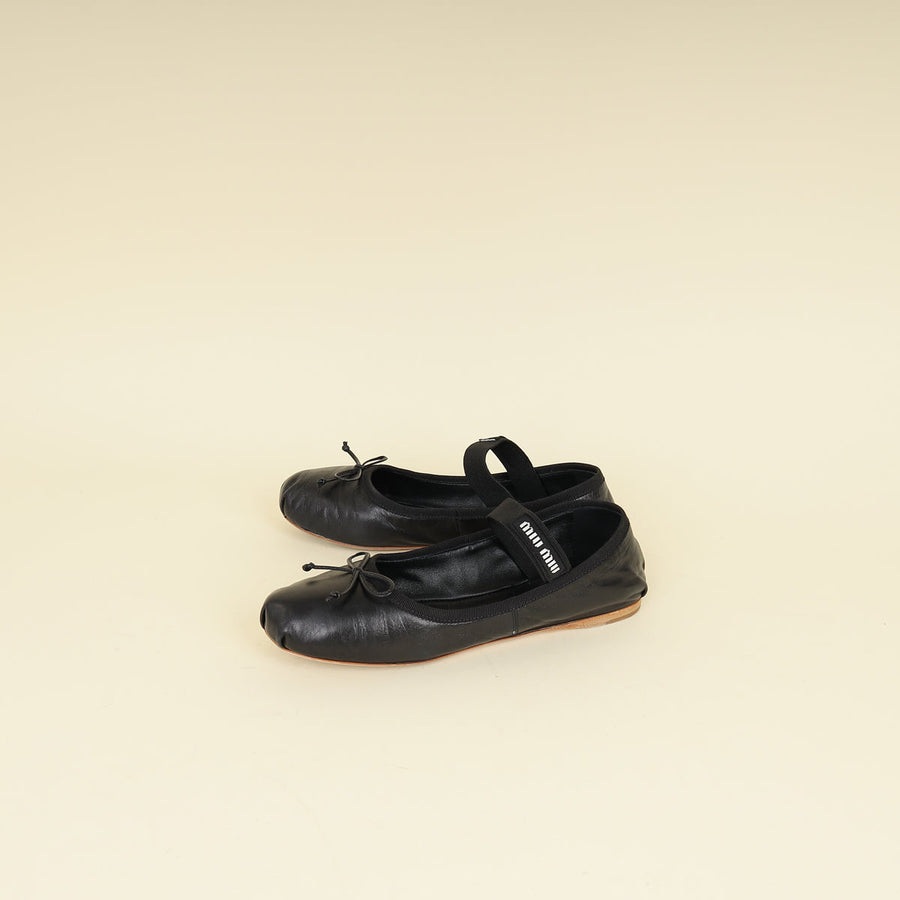 Miu Miu Black Ballerina w/Elastic Logo Strap 37.5