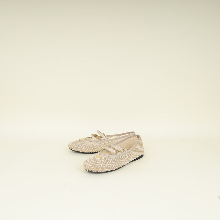 Prada Beige Logo Mesh Fabric Ballerinas 38