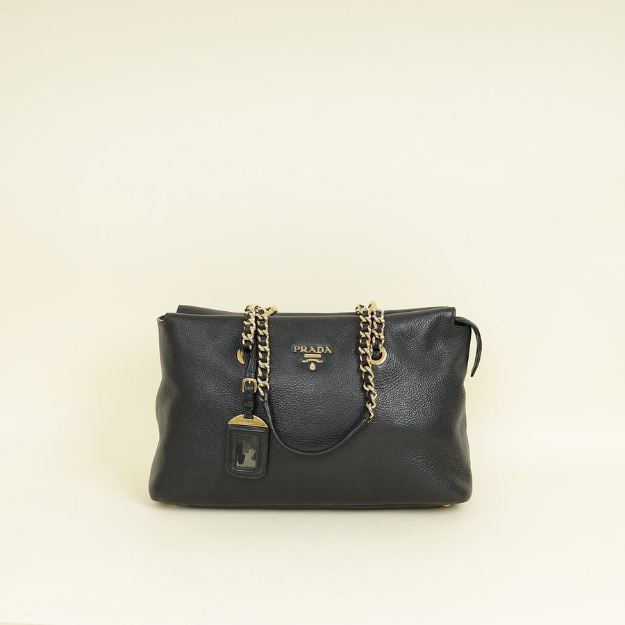 Prada Black Vitello Daino Zipped Tote Bag
