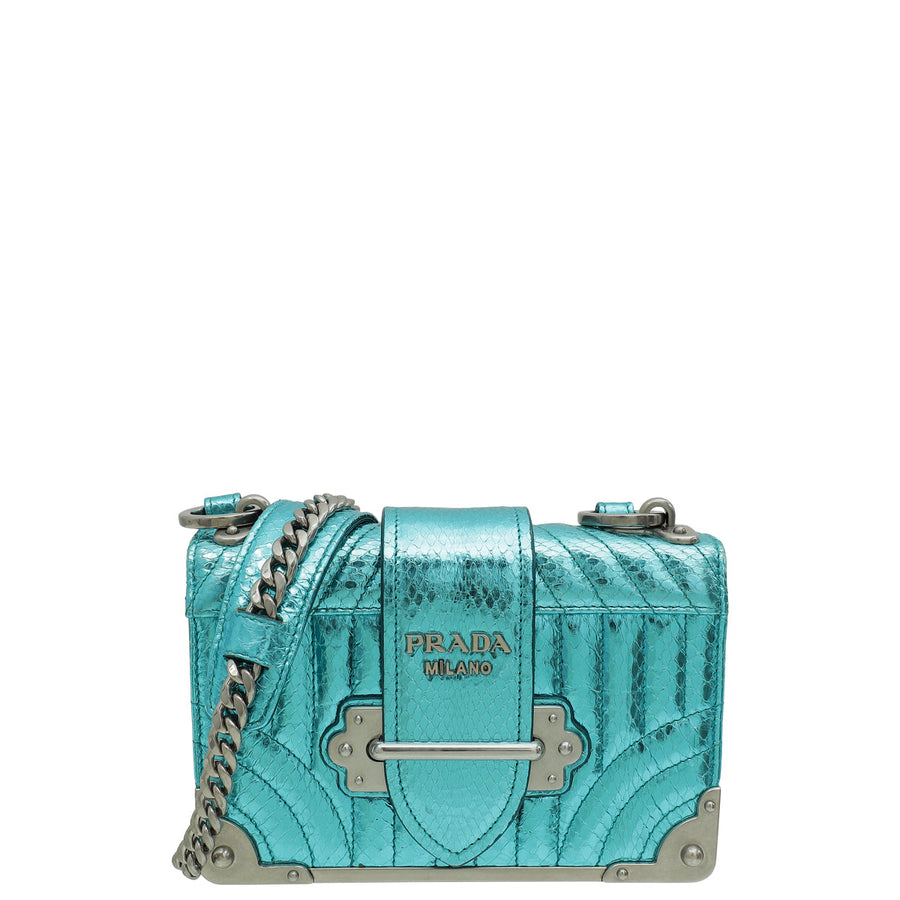 Prada Aqua Blue Metallic Snakeskin Cahier Shoulder Bag