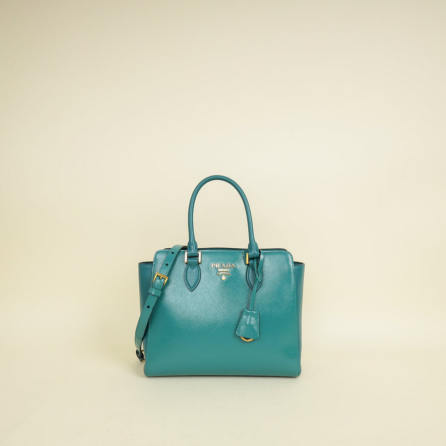 Prada Teal Vernice Convertible Tote Bag
