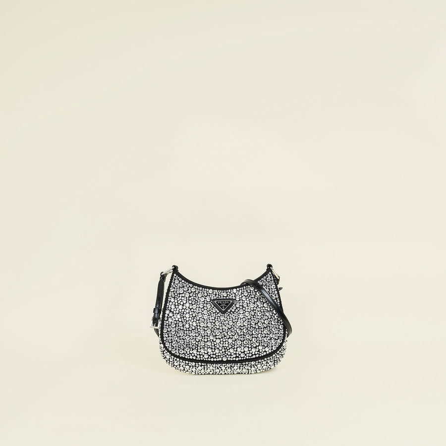 Prada Black Metal Crystal-Embellished Satin Cleo Bag