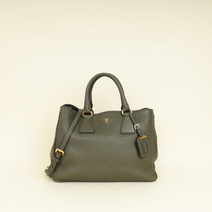 Prada Olive Green Vitello Daino Open Tote Bag