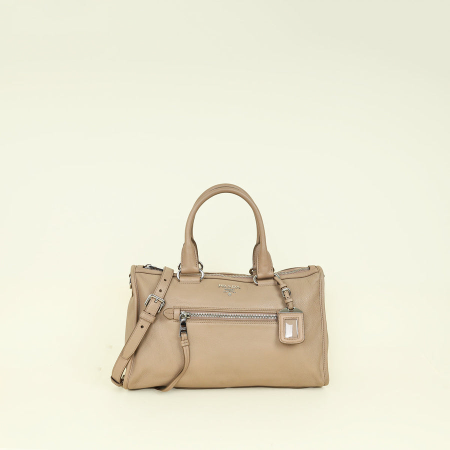 Prada Cammeo Beige Soft Vitello Phenix Bauletto Top Handle Bag