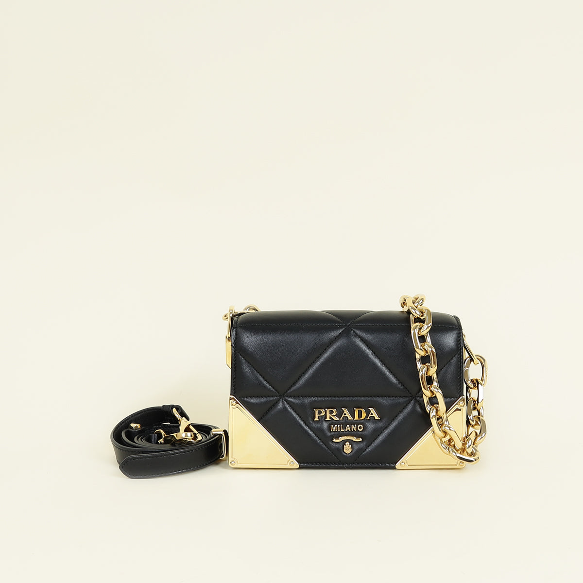 Prada Black Triangle Nappa Stitched Chain Flap Bag