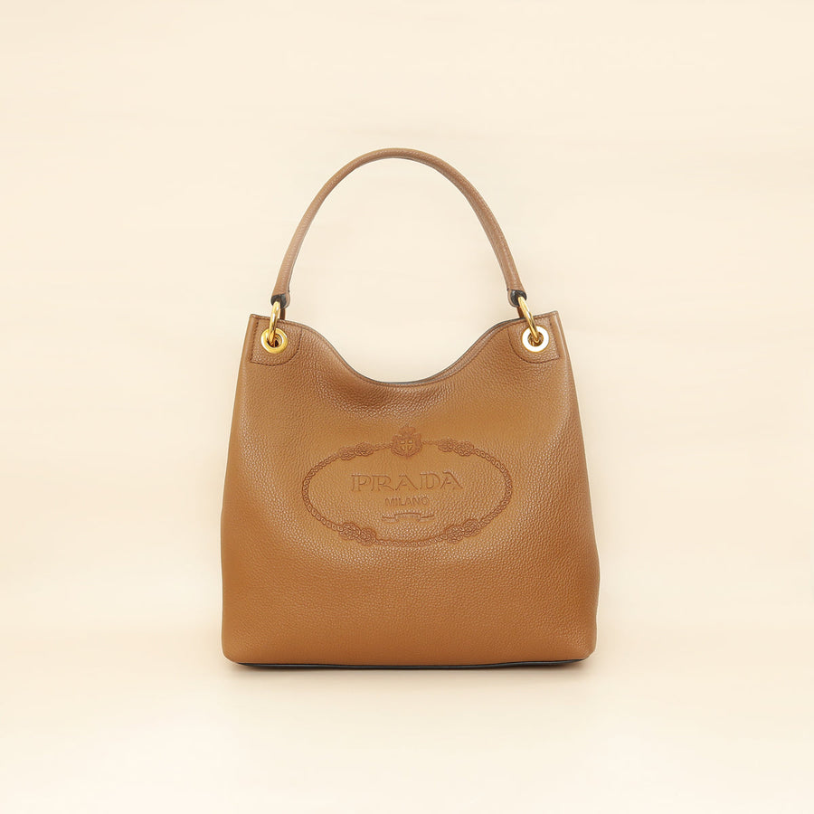 Prada Brown Logo Embossed Vitello Hobo Bag