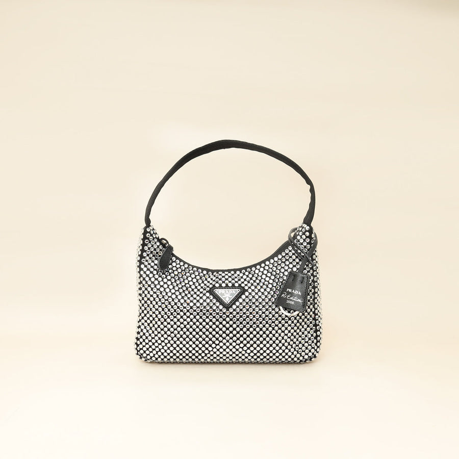 Prada Black Crystal-Embellished Satin Re-Edition 2000 Mini Bag