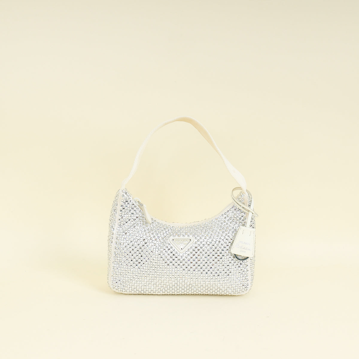 Prada White Satin Re-Edition 2000 Mini Bag w/Artificial Crystal