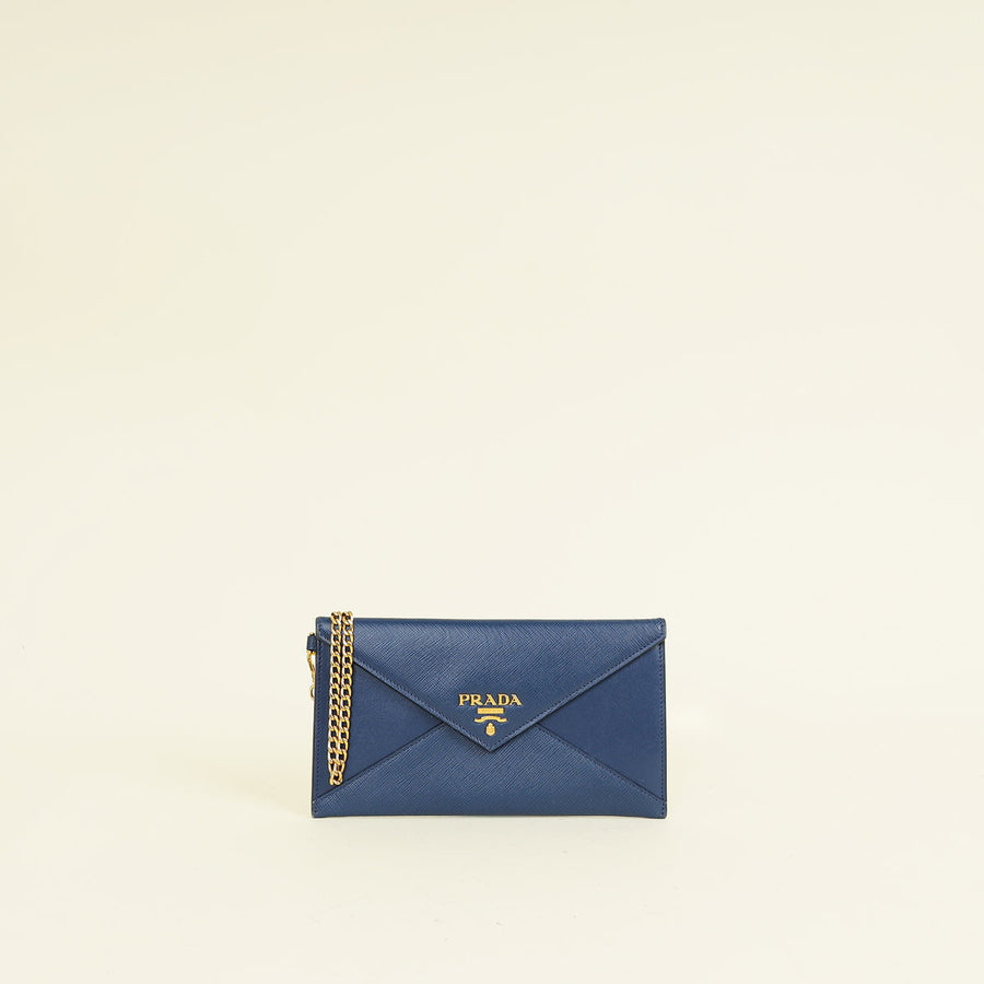 Prada Bluette Envelope Wristlet Chain Clutch