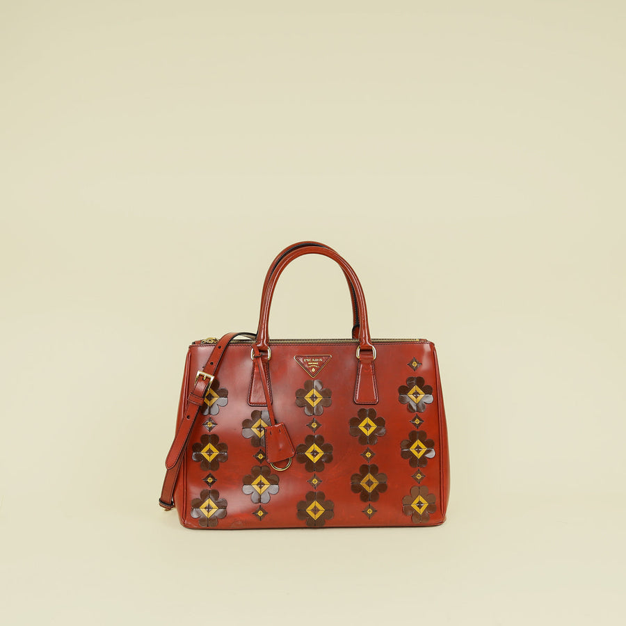 Prada Rust Orange Floral Appliqué Galleria Tote Bag