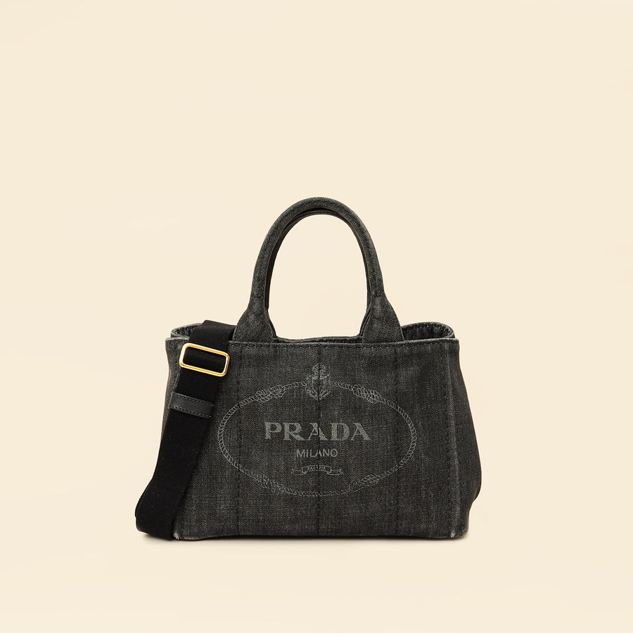 Prada Black Denim Logo-Print Small Tote Bag