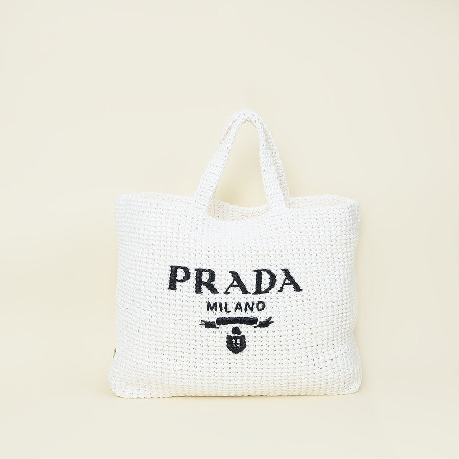 Prada Bicolor Logo Raffia Crochet Tote Bag