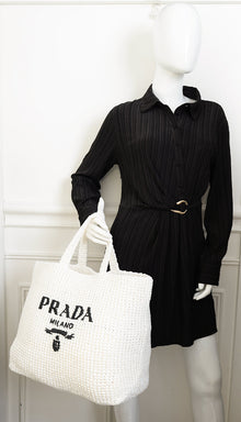 Prada Bicolor Logo Raffia Crochet Tote Bag