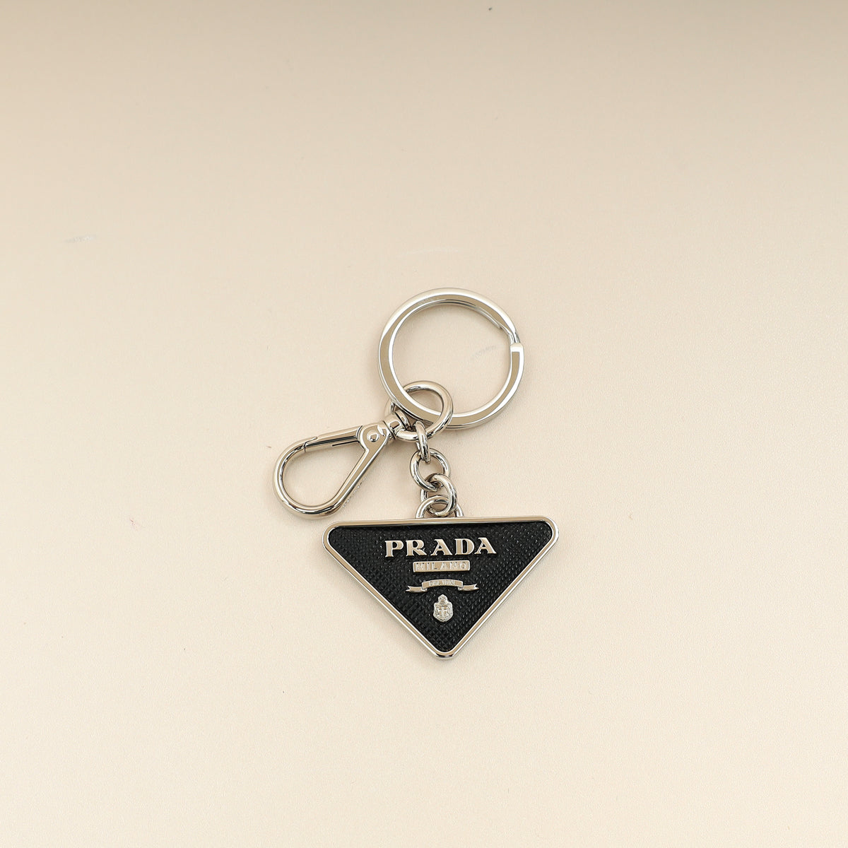 Prada Black Triangle Logo Metal Keychain