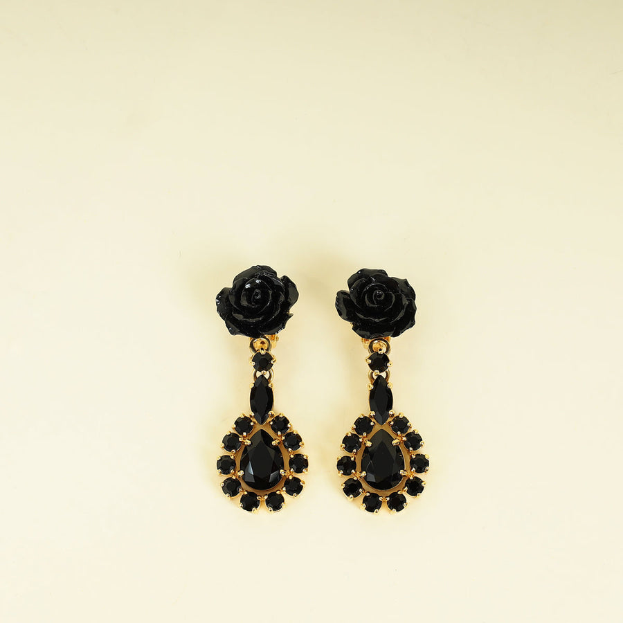 Prada Black Rose Crystal Drop Clip On Earrings