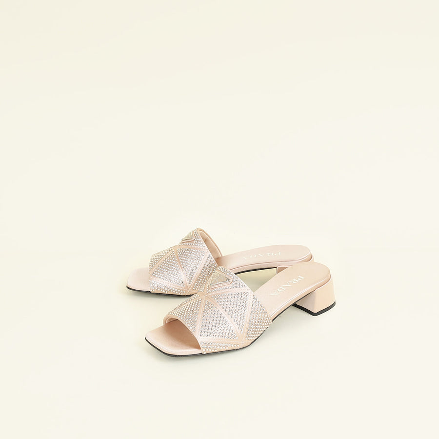 Prada Pink Nude Logo Crystal Slide Sandal 37.5