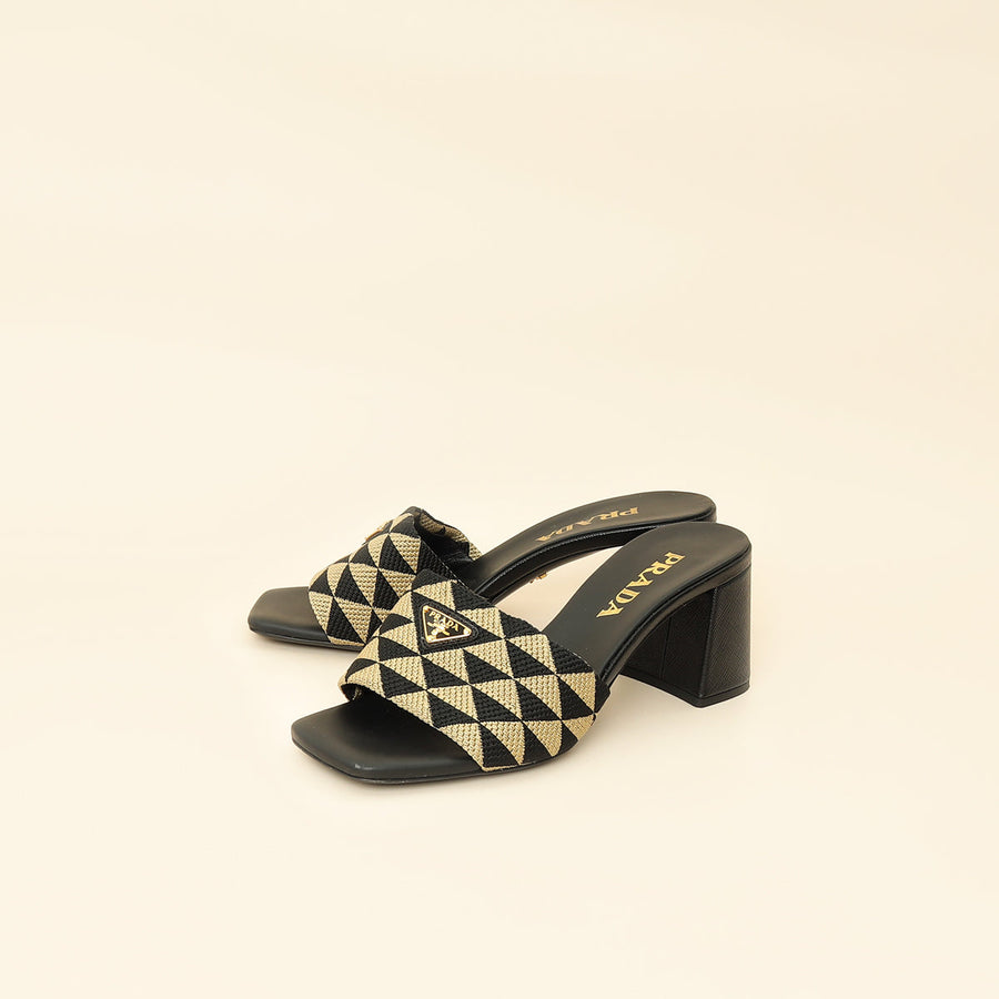 Prada Bicolor Embroidered Fabric Slide Heel Mules 36.5