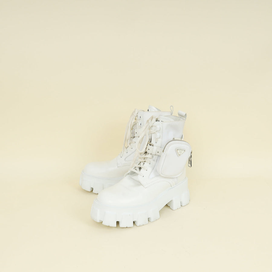 Prada White Monolith Leather and Nylon Ankle Boot 37.5