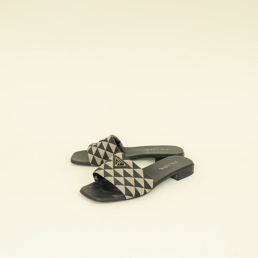 Prada Bicolor Logo Embroidered Fabric Slides Sandal 39