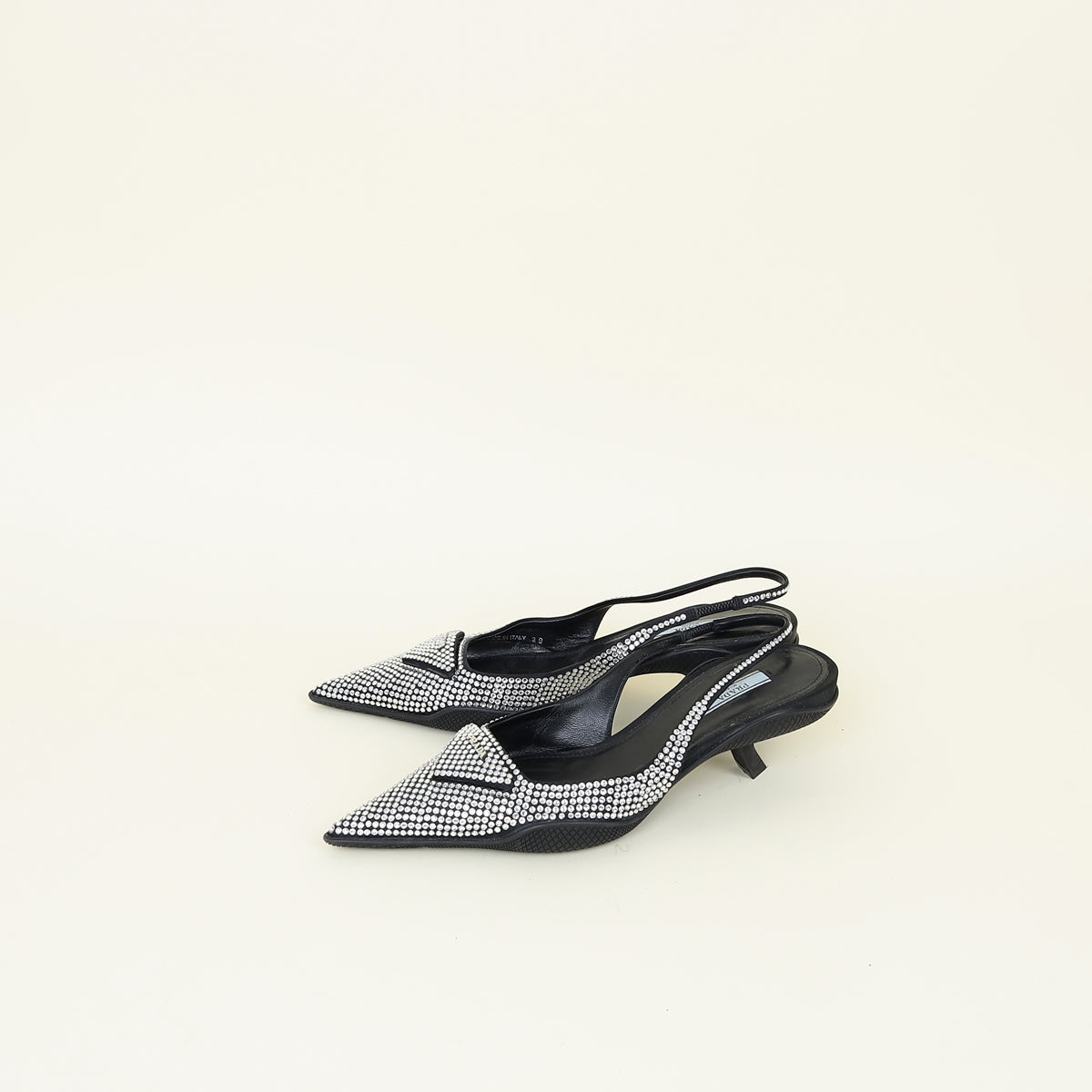 Prada Black Logo Satin Crystal Slingback Pump 39