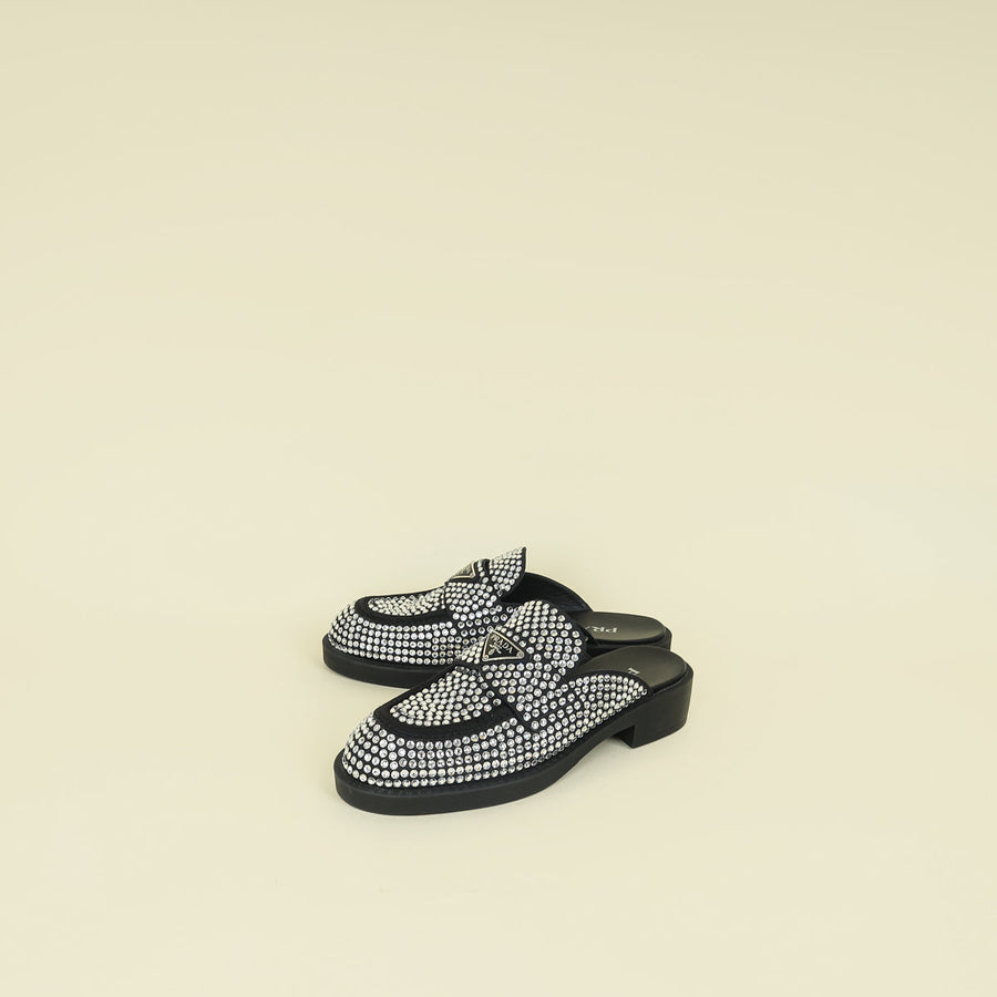 Prada Black Crystal Loafer Mules 37.5