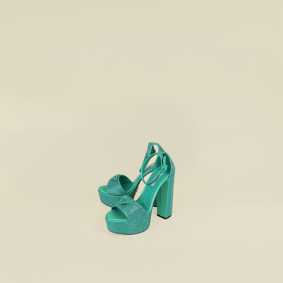 Prada Green Crystal Satin Platform Sandals 37