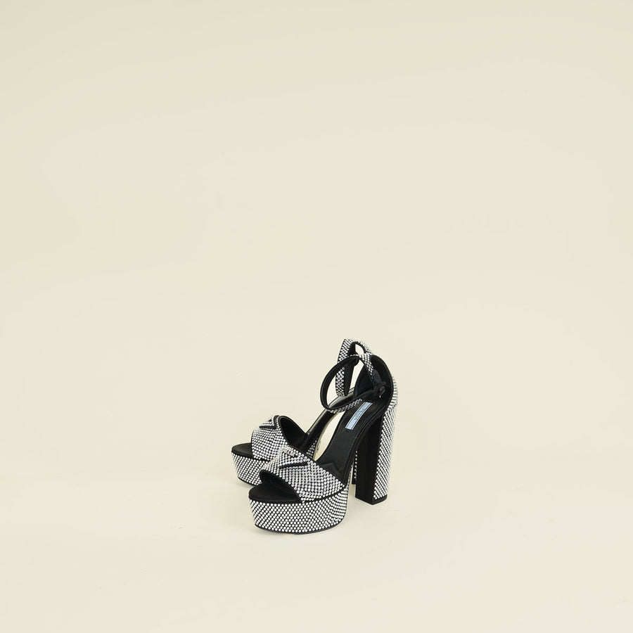 Prada Black Crystal Satin Platform Sandals 37