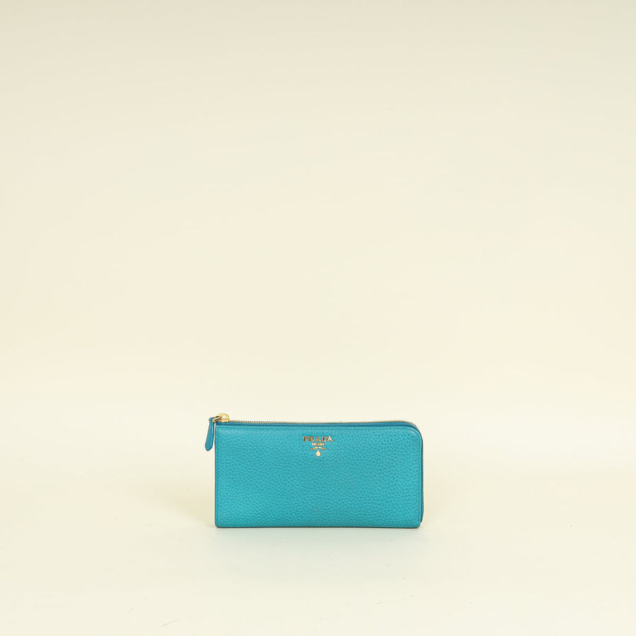 Prada Turquoise Vitello Daino Half Zip Wallet