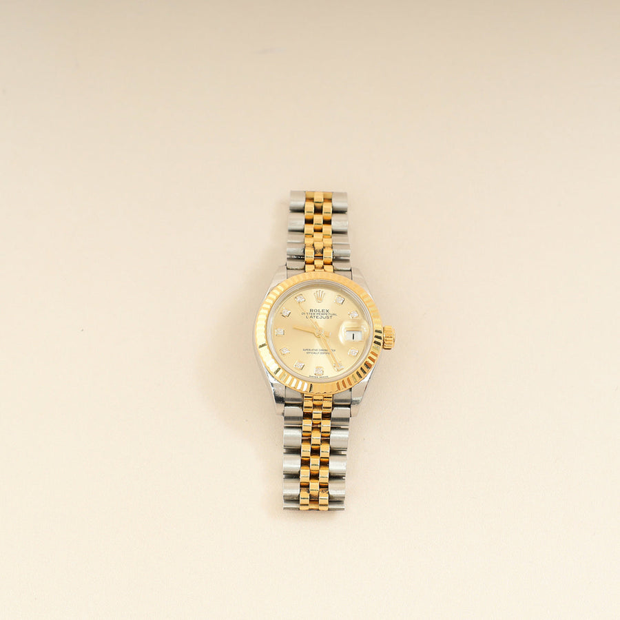 Rolex 18K Yellow Gold Stainless Steel Diamond Dial Datejust 28mm Watch