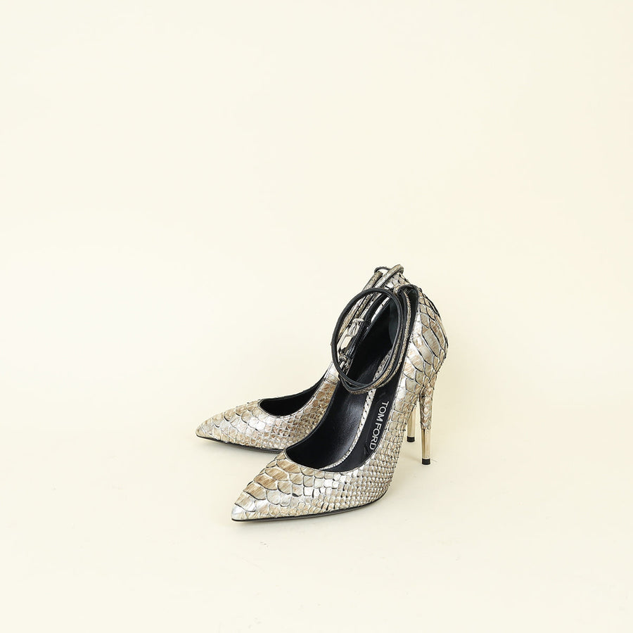 Tom Ford Metallic Silver Python Padlock Ankle Wrap Pumps 38