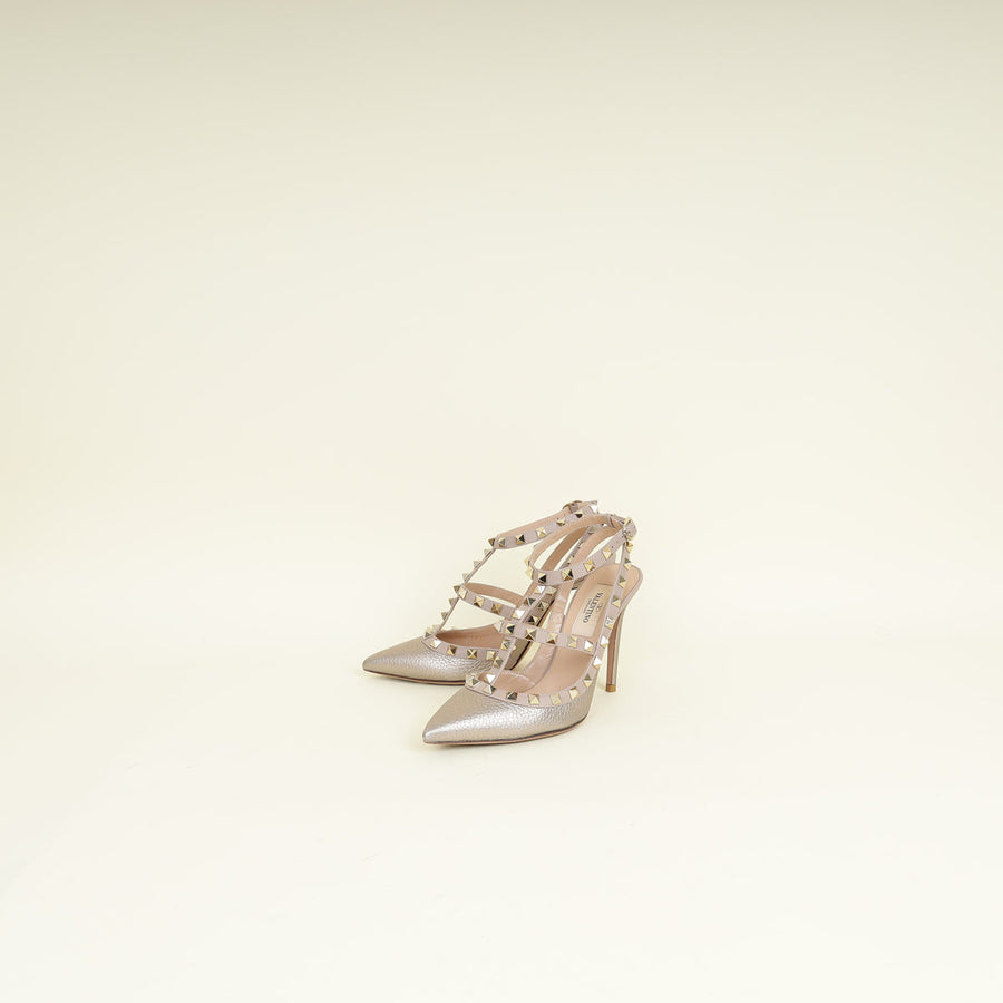 Valentino Metallic Champaigne Rockstud Caged Ankle Strap Pumps 35.5
