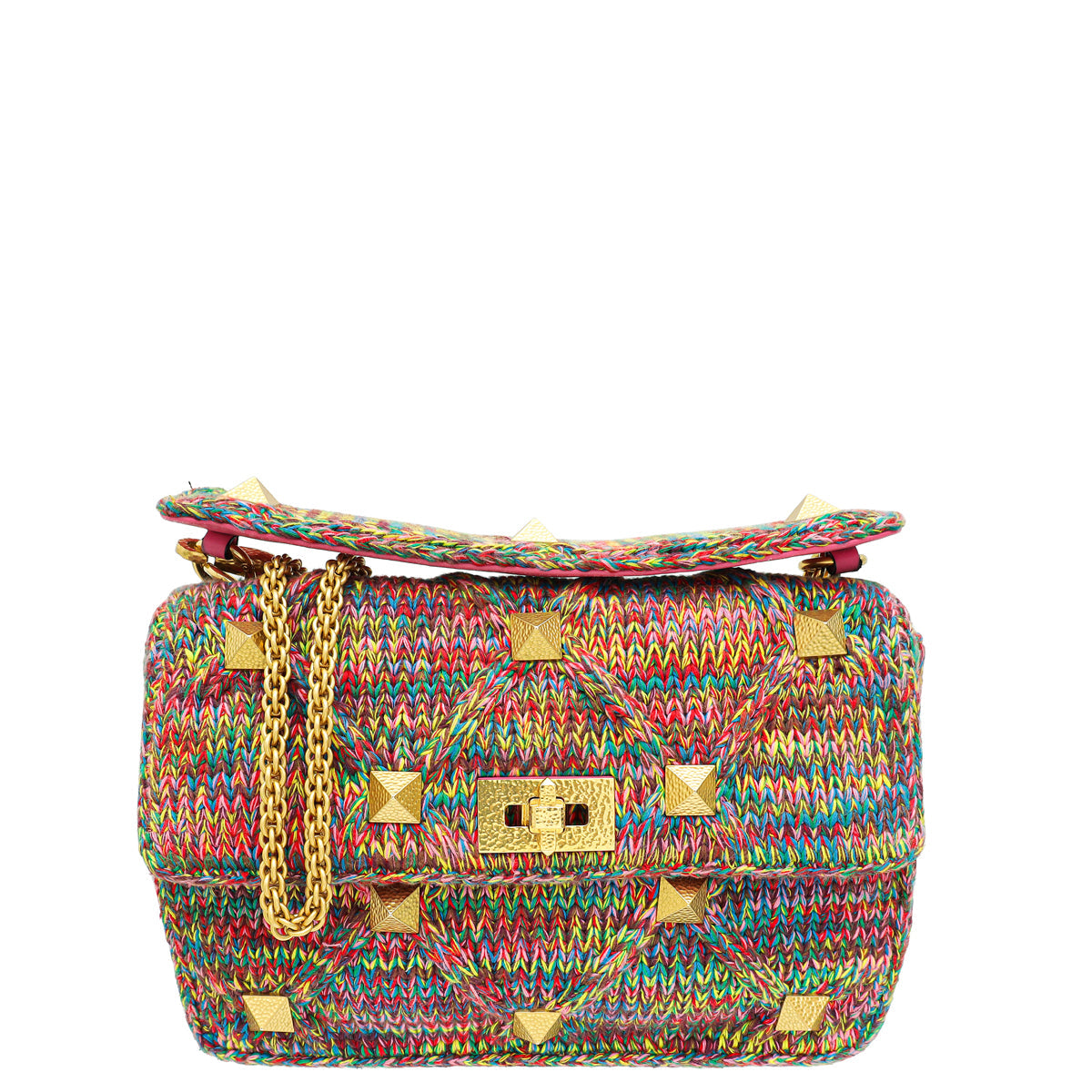Valentino Pink Multicolor Woven Cotton Roman Stud Large The Shoulder Bag