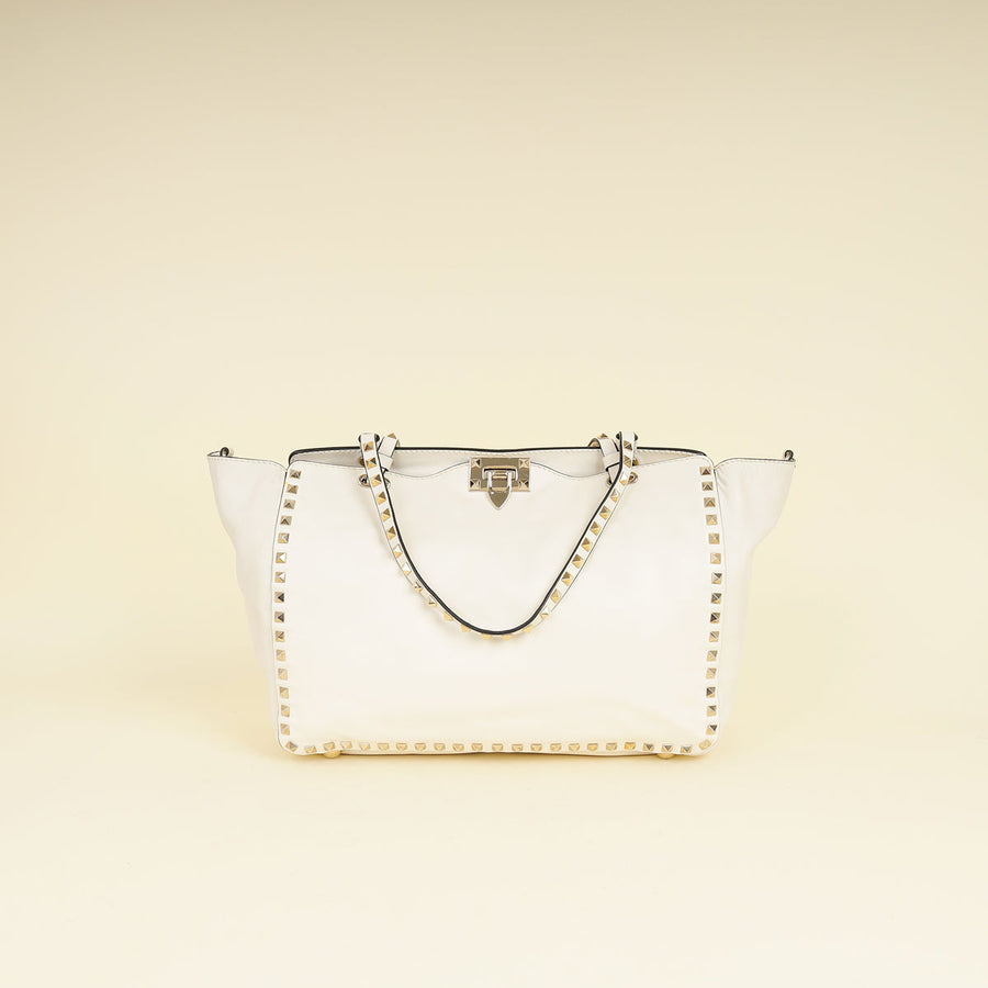 Valentino White Vitello Rockstud Tote Medium Bag
