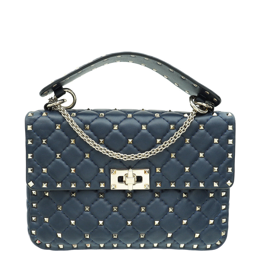 Valentino Navy Blue Rockstud Spike Flap Chain Medium Bag