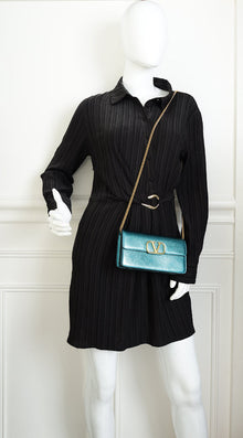 Valentino Metallic Teal Vlogo Wallet On Chain