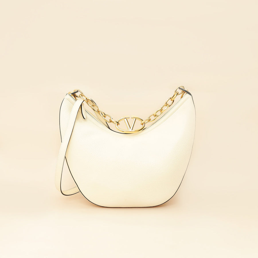 Valentino Ivory VLogo Moon Medium Hobo Bag W/ Chain