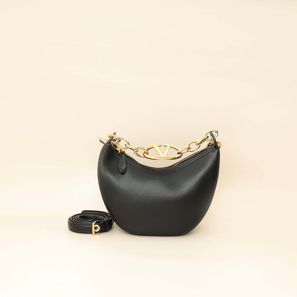 Valentino Black VLogo Moon Mini Hobo Bag W/ Chain