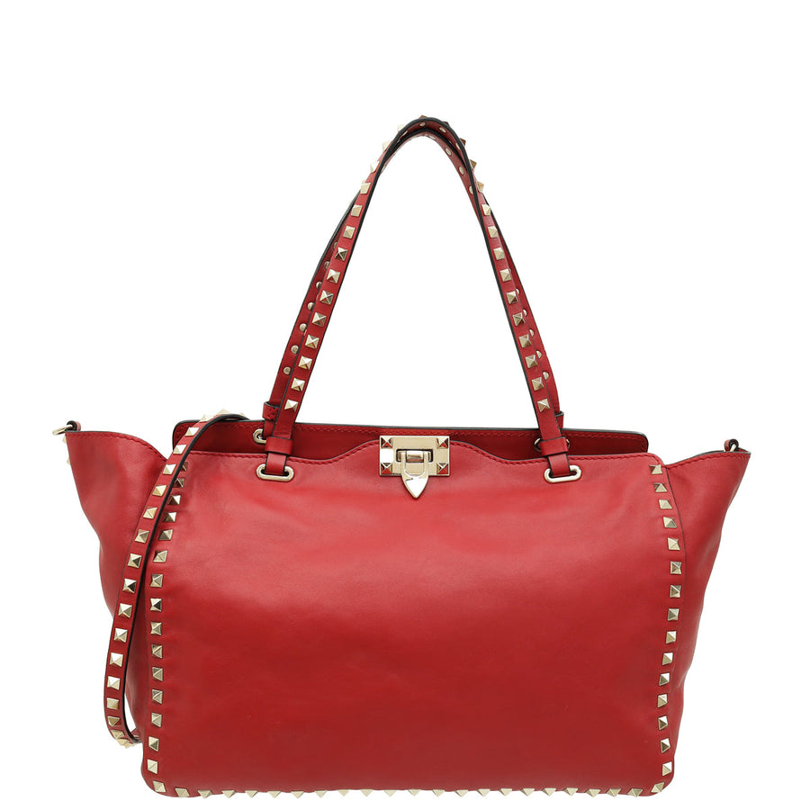 Valentino Red Vitello Rockstud Tote Bag