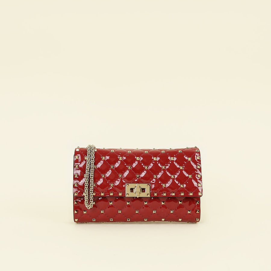 Valentino Red Spike Rockstud Patent Wallet On Chain Clutch