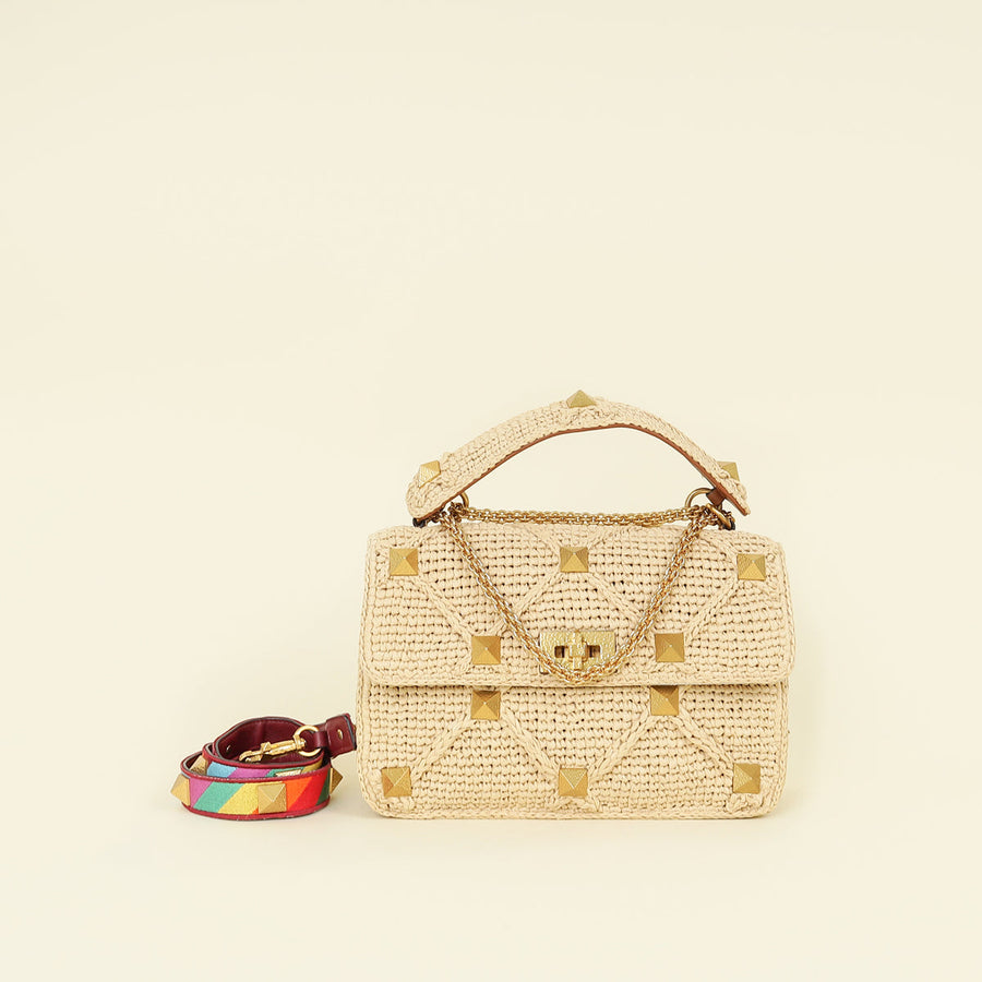 Valentino Bicolor Roman Studs Woven Raffia Large Flap Bag