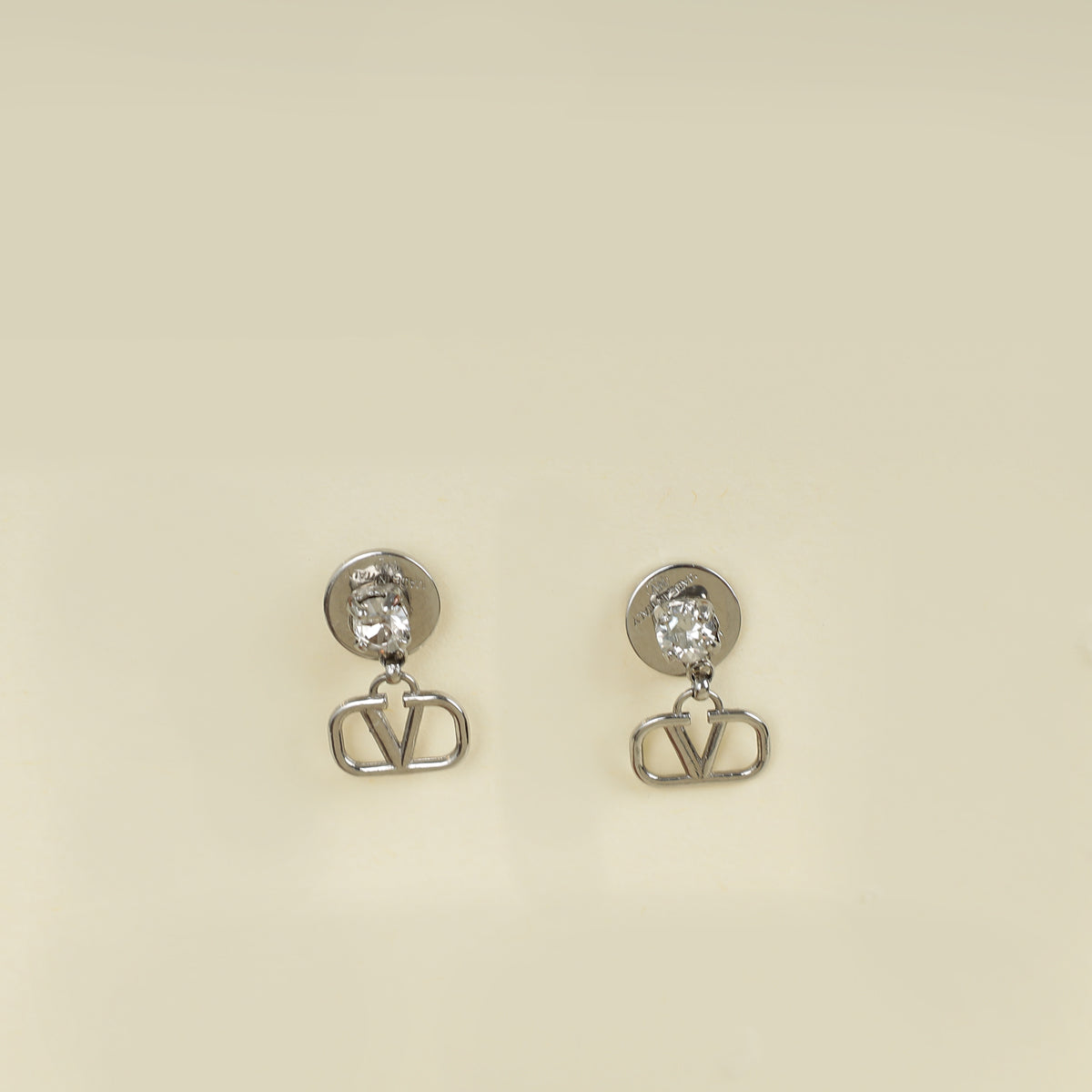 Valentino Silver VLogo w/ Crystal Stud Earrings