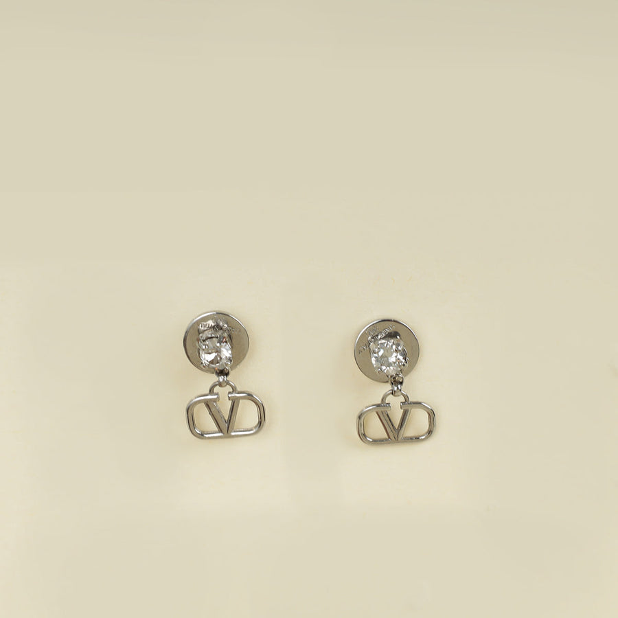 Valentino Silver VLogo w/ Crystal Stud Earrings