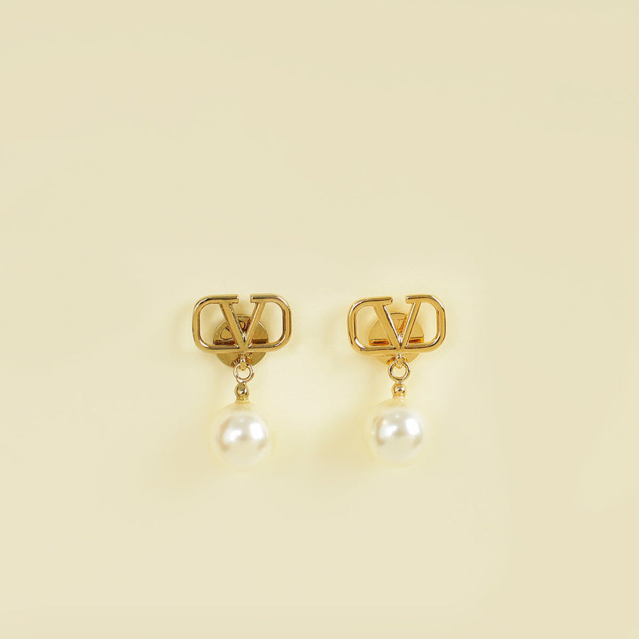 Valentino White Vlogo Pearl Drop Earrings