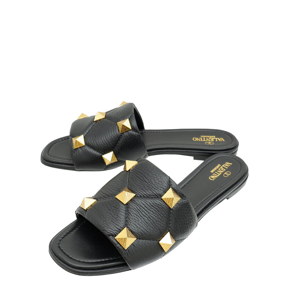 Valentino Black Roman Stud Flat Slide Sandals 41