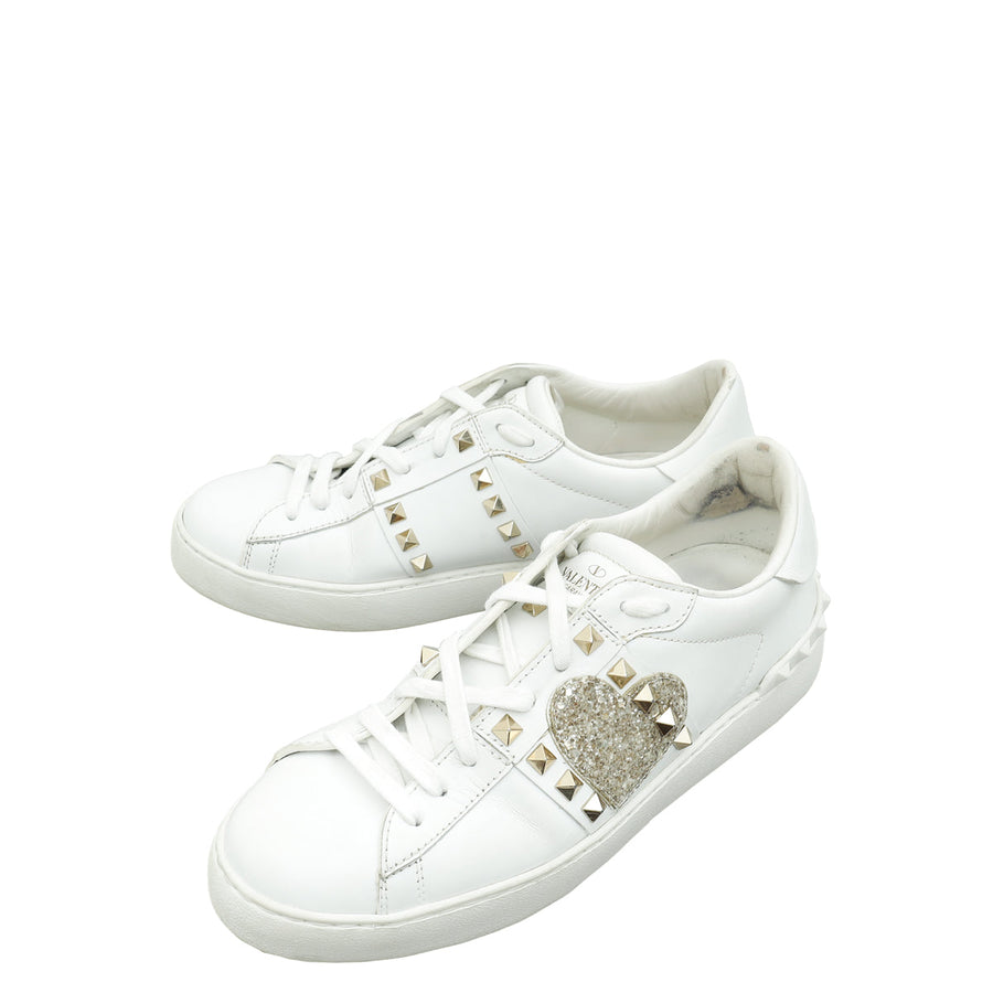 Valentino White Rockstud Heart Embroidered Untitled Open Sneaker 38.5